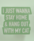 Green glass sign with text 'I just wanna stay home & hang out with my cat' on a light green background.