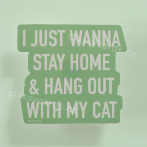 Green glass sign with text 'I just wanna stay home & hang out with my cat' on a light green background.