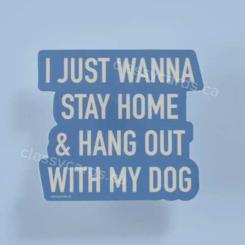 Sticker with text 'I just wanna stay home & hang out with my dog' on a light blue background