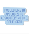 Blue sticker with text on a white background