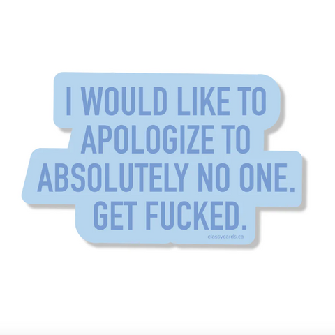 Blue sticker with text on a white background