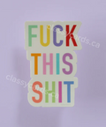 Colorful text stickers on a purple background with a product listing on the right.