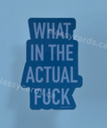 Blue sticker with text on a white background