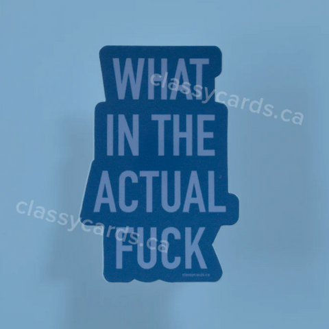 Blue sticker with text on a white background