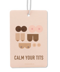 Card with cartoon breasts and text 'CALM YOUR TITS' on a beige background