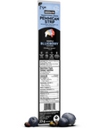 Maple Blueberry Permican Strip packaging with blueberries on a white background