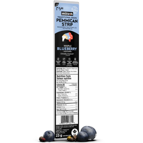 Maple Blueberry Permican Strip packaging with blueberries on a white background
