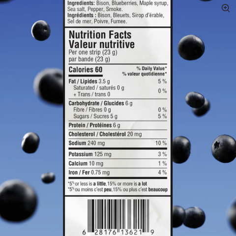 Nutrition facts label with blueberries on a blue background
