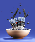 Bowl with blueberry packages and blueberries against a blue background