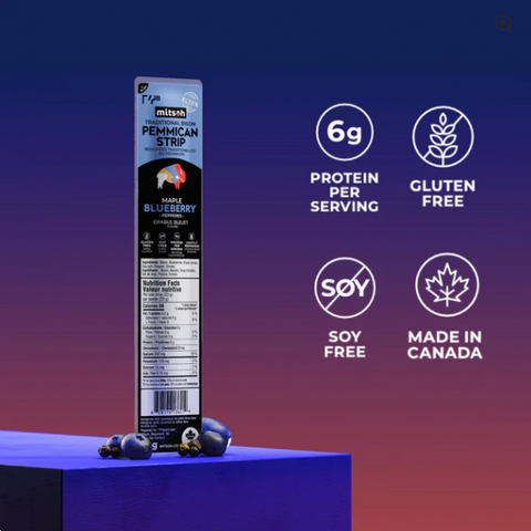 Pemmican strip packaging with nutritional information and product details on a gradient blue and purple background.