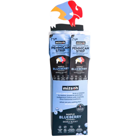 Two packages of Mitsch Pemmican Strip Maple Blueberry on a white background