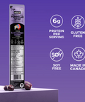 Pemmican strip packaging with nutritional information and product details on a purple background