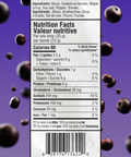 Nutrition facts label with bison and berry ingredients on a purple background
