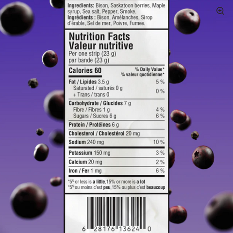 Nutrition facts label with bison and berry ingredients on a purple background