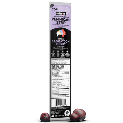 Mitschuk Maple Saskatoon Berry Pemmican Strip packaging on a white background with two berries.