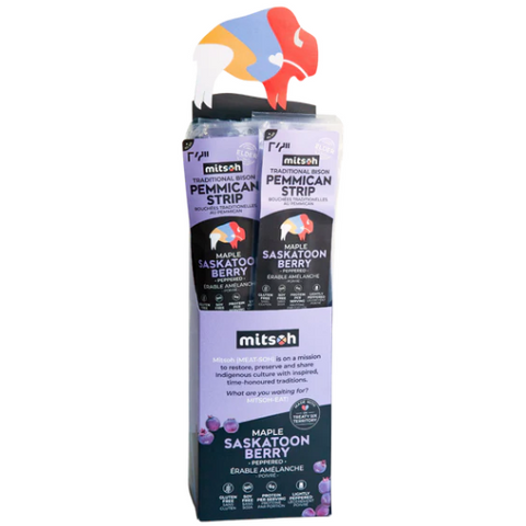 Packaging of Mitschuk Maple Saskatoon Berry products on a white background