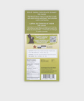Solid dark chocolate bunny packaging with green label on a white background