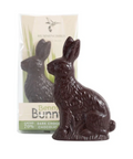 Chocolate bunny with a 'Benni Bunn' packaging on a white background