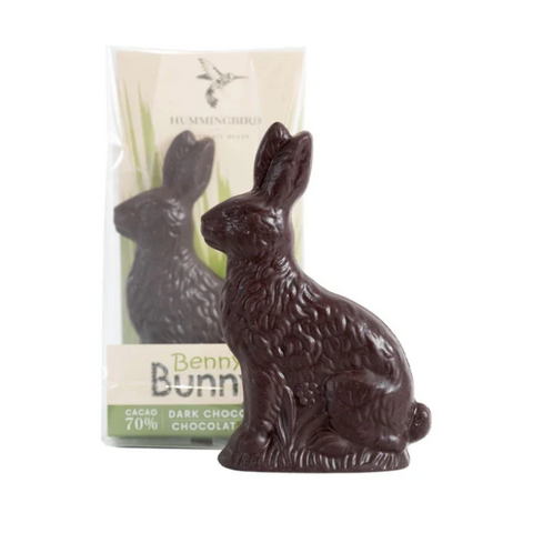 Chocolate bunny with a 'Benni Bunn' packaging on a white background