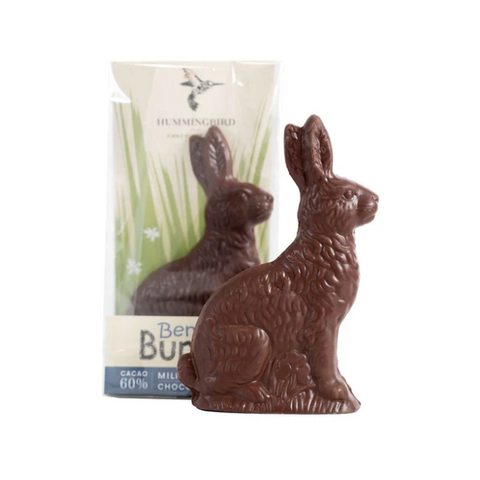 Chocolate rabbit with packaging on a white background