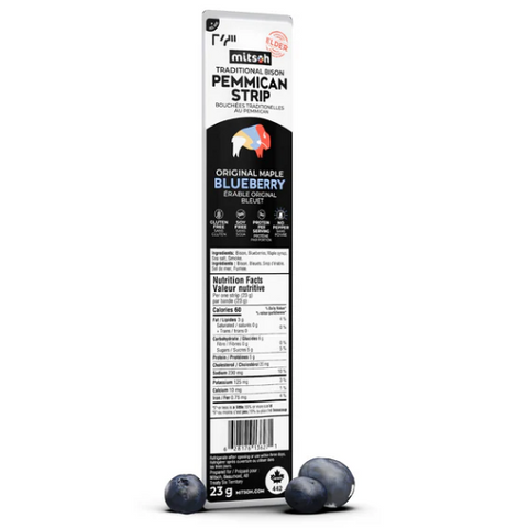 Permican strip packaging with blueberries on a white background