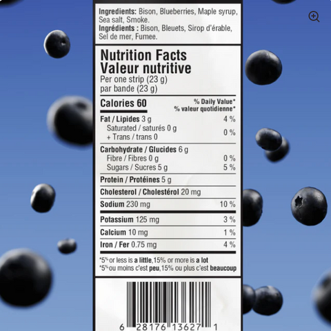 Nutrition facts label with blueberries on a blue background