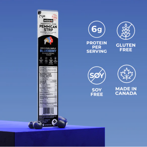 Packaged food product with nutritional information on a blue background