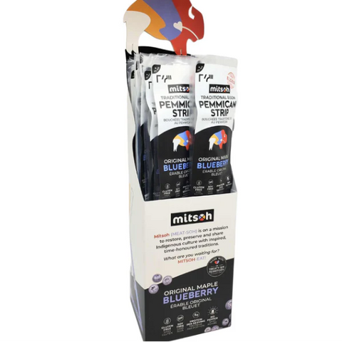 Packaging of Mitsch pemmicam strips with blueberry flavor on a white background