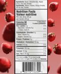 Nutrition facts label with bison and strawberry ingredients on a red background