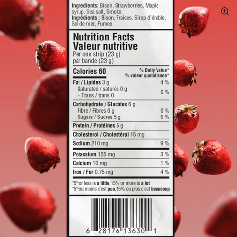 Nutrition facts label with bison and strawberry ingredients on a red background