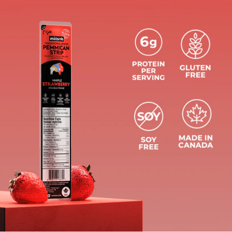Mitsinjo strawberry pemican strip packaging with nutritional information on a red background