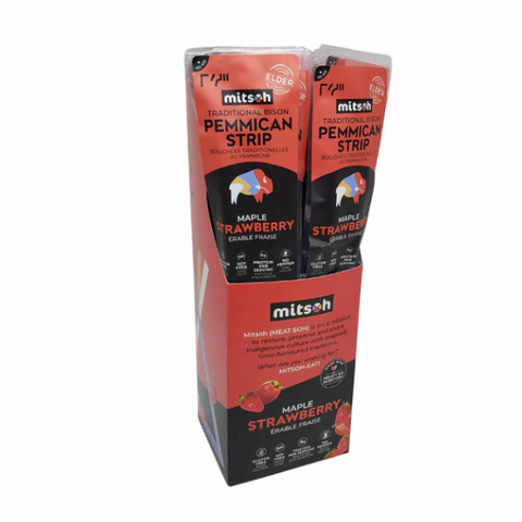Two packages of Mitsch Maple Strawberry pemmican strips in a display box on a white background.