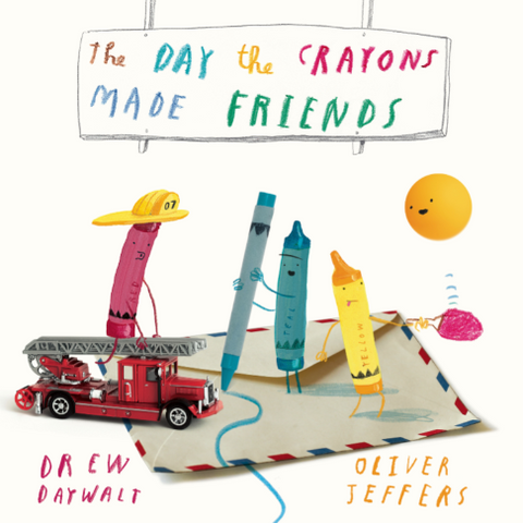 Book cover of 'The Day the Crayons Made Friends' with colorful crayon characters and a truck.