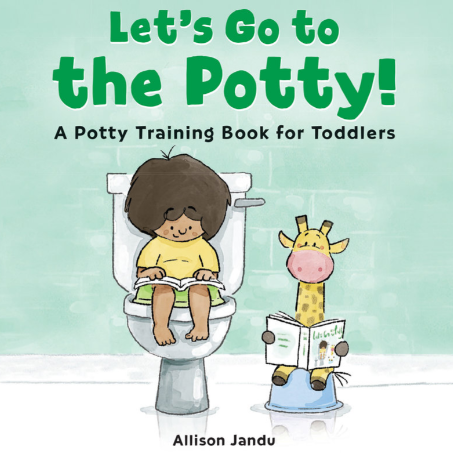 Book cover of 'Let's Go to the Potty!' with a child and giraffe on a toilet.