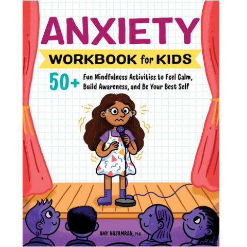 Book cover of 'Anxiety Workbook for Kids' with a cartoon character on a stage.