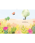 Illustration of a garden scene with flowers, trees, and a butterfly on a white background.