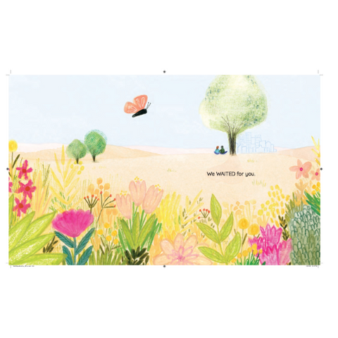 Illustration of a garden scene with flowers, trees, and a butterfly on a white background.