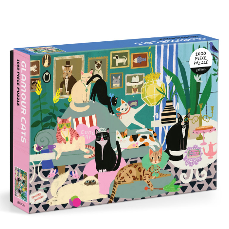 Jigsaw puzzle box with cat illustrations on a white background