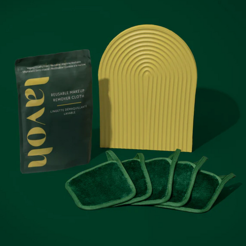 Lavoh makeup removal products including a sponge and cloths on a green background