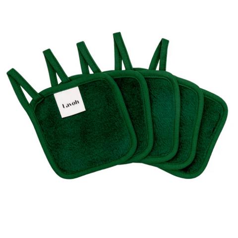 Set of green eye masks with a visible brand label on a white background