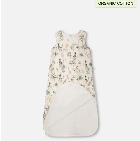 Baby sleeping bag with animal print on a white background