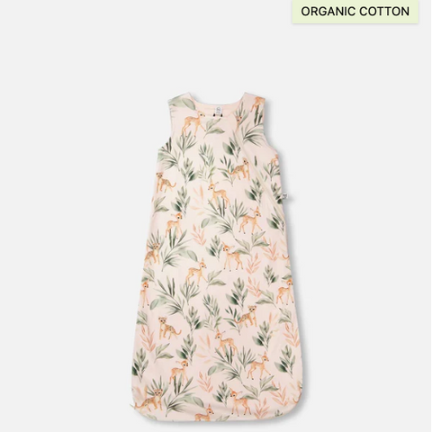 Baby sleeping bag with animal print on a white background