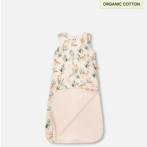 Baby sleeping bag with animal print on a white background