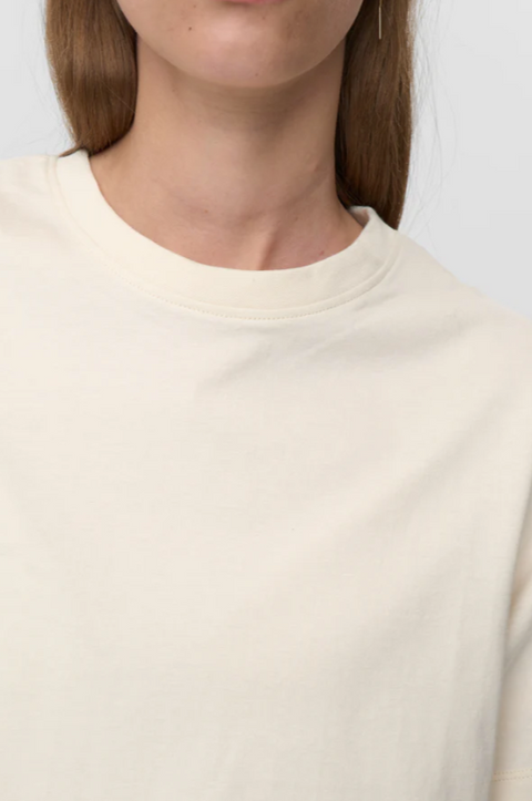 Close-up of a person wearing a beige sweater against a white background