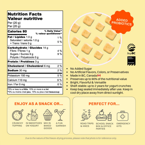 Product packaging with nutrition facts, ingredients, and usage instructions on a yellow background.