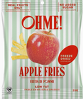 Packaging of OHME! freeze-dried apple fries with an apple illustration on a green and white striped background.