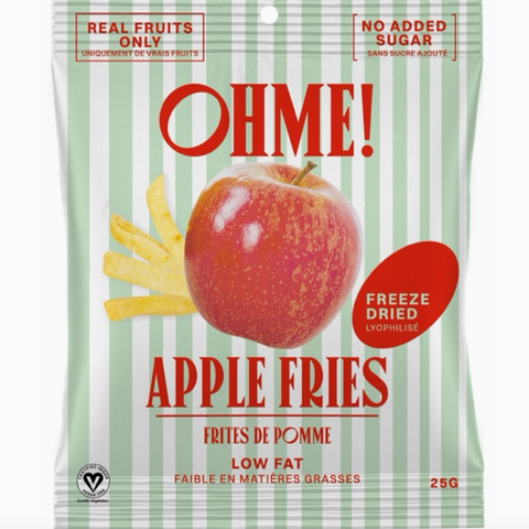 Packaging of OHME! freeze-dried apple fries with an apple illustration on a green and white striped background.