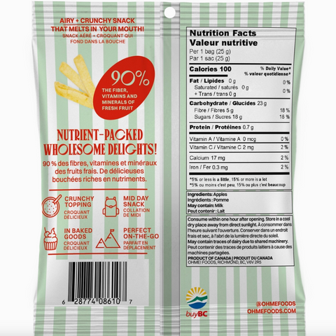 Back of a snack package with nutritional information and branding details.