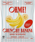 Packaged freeze-dried crunchy banana with 'OHME!' branding on a white background