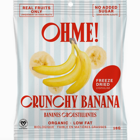 Packaged freeze-dried crunchy banana with 'OHME!' branding on a white background